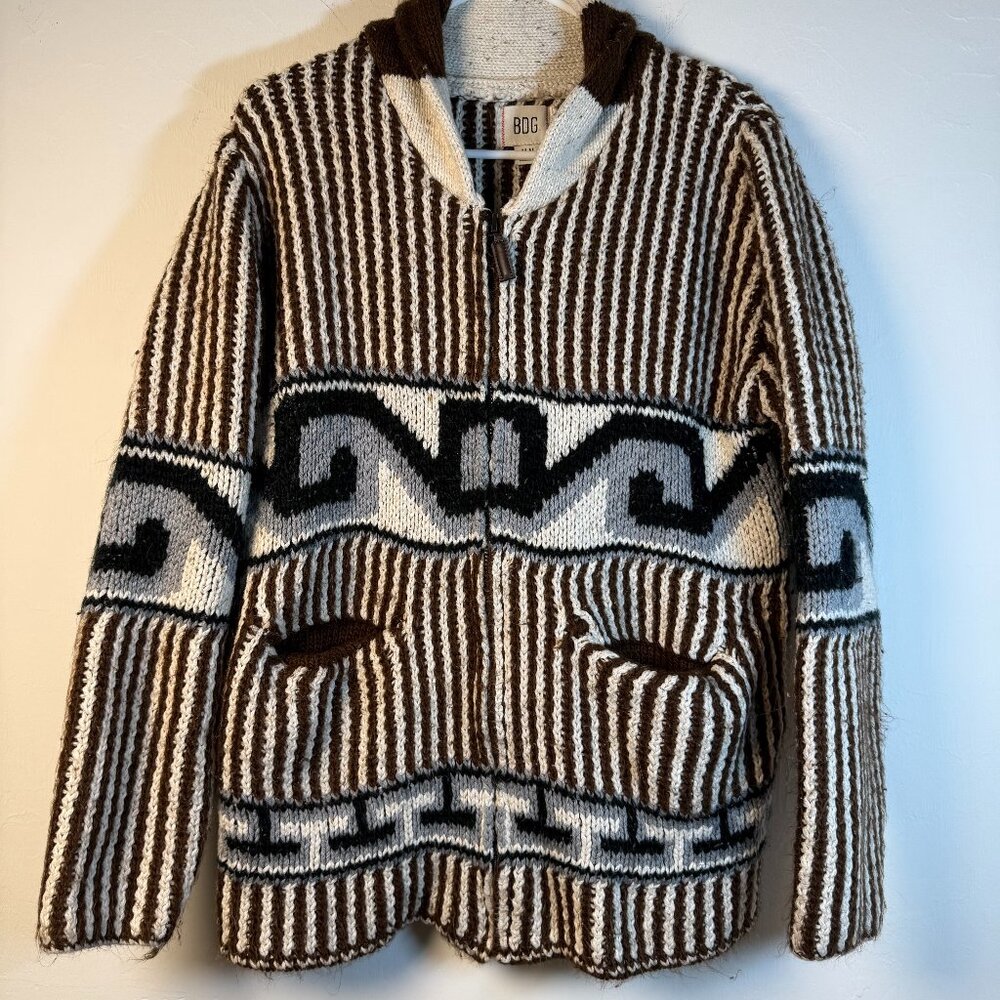 BDG Full Zip Hooded Sweater Unisex Medium Brown Geometric Chunky Knit Cardigan‎